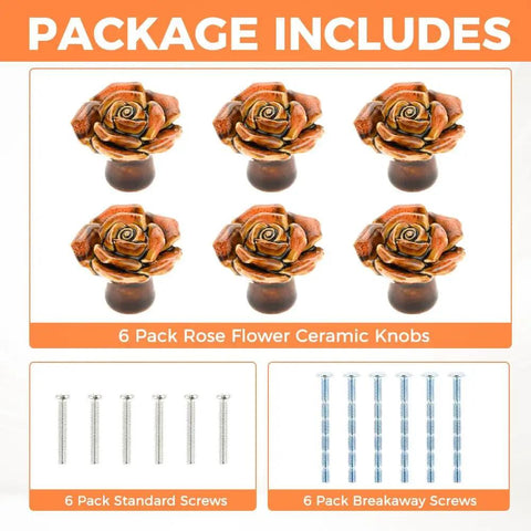 6 Pack Vintage Ceramic Cabinet Knobs Rose Flower Drawer Pulls For Furniture Kitchen Dresser Closet With Screws Orange Antique Cupboard Handles DIY Friendly Install Retro Style Durable Finish For Long Lasting Beauty