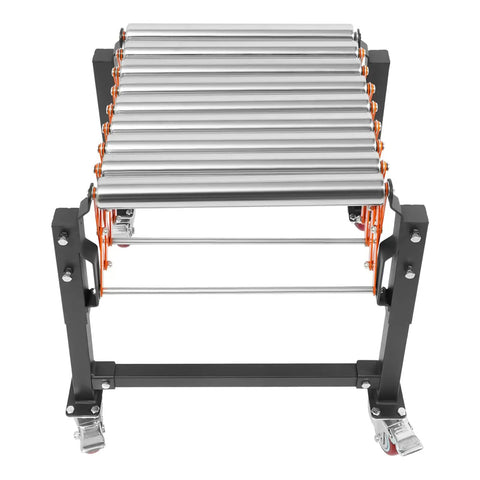 Heavy Duty Adjustable Conveyor Roller Stand With Wheels Flexible Warehouse Freight Handling Table Expandable Stainless Steel Rack System Height Control For Sorting Packaging And Logistics Tasks, top view with rollers and wheels.