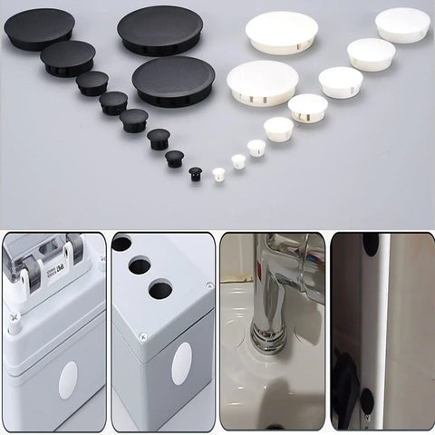 White three quarters inch plastic hole plugs flush round snap covers for cabinets and furniture end caps 19mm use examples
