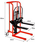 Heavy Duty Manual Hydraulic Pallet Truck With Swivel Caster Wheels Handles 200kg Like A Champ side view with dimensions 109cm height, 85cm width.