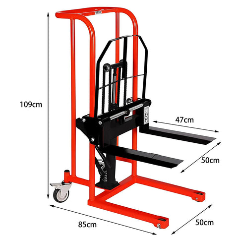 Heavy Duty Manual Hydraulic Pallet Truck With Swivel Caster Wheels Handles 200kg Like A Champ side view with dimensions 109cm height, 85cm width.