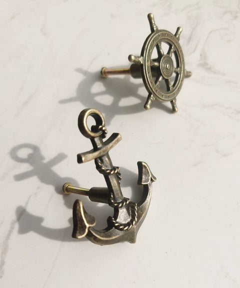Antique Bronze Cabinet Knobs And Drawer Pulls Set with Anchor and Rudder Nautical Theme Matte Bronze finish on white background