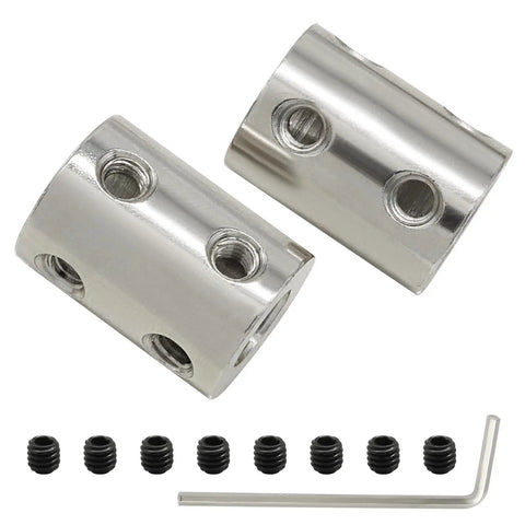 8mm To 10mm Bore Steel Rigid Shaft Coupler Set With 2 Couplers, M4 Set Screws And L Wrench, 22mm Length, 14mm Outer Diameter, Dialed In Precision Shaft Connector For CNC Machines, Robotics, And DIY Projects. Two steel couplers with set screws and L wrench.