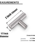 Solid Single Hole T Bar Cabinet Handle with 50mm length, brushed nickel, showing 2 inch diameter and screws dimensions.