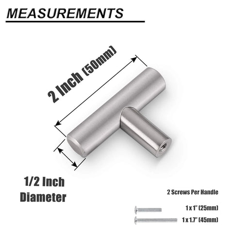 Solid Single Hole T Bar Cabinet Handle with 50mm length, brushed nickel, showing 2 inch diameter and screws dimensions.