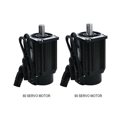 Two black servo motors with cables and output shafts, labeled 80 and 90, shown side by side.