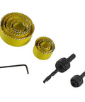 11 Inch Hole Saw Kit With Round And Triangle Shank Twist Drill Bits, Includes 7 Hole Saw Diameters 19mm 22mm 28mm 32mm 43mm 50mm 63mm, Black And Yellow Heavy Duty Metal Plastic Build For Wood Metal And Plastic, displayed with hex key and drill bits.