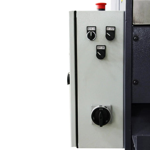 Control panel of Tough As Nails Electric Metal Shear with buttons and switches for 49 Inch Cutting Width Snappily Cuts 11 Ga Plate