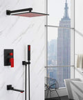 Badass Black And Red Rain Shower System With Wall Mounted Mixer Combo Featuring Slick Handheld Sprayer Plus Tub Spout And Hella Smooth Water Saving Flow For Easy Clean Bathroom Setup in modern bathroom.