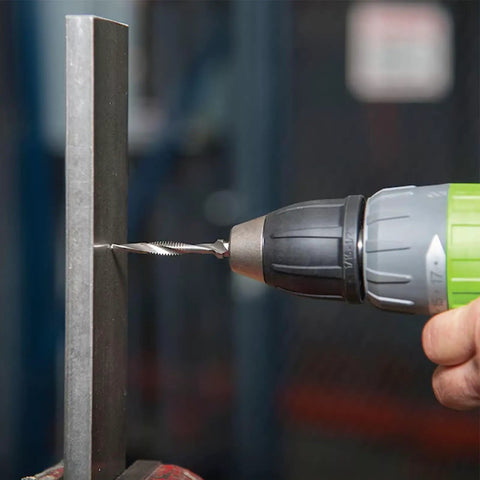 Metal Drill And Tap Kit For Greenlee With Quick Change Adapter Pro Grade Six Piece Drill Tap Deburring Set in use on metal surface