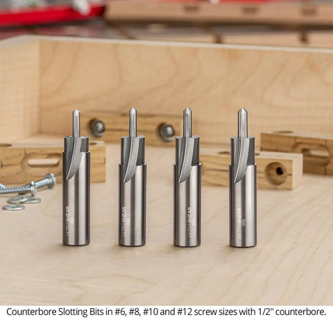 Top Shelf Solid Carbide Counterbore Slotting Router Bit For Size 8 Flathead Screw Heads Half Inch Shank, two flute design.