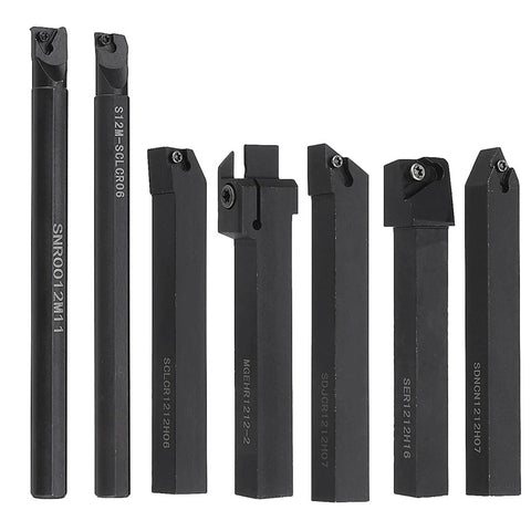 Hilitand Lathe Turning Tool Kit With 1/2 Inch Shank Carbide Inserts, heavy duty steel cutting tools set on white background.