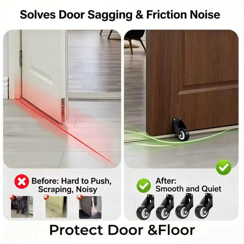 Before and after comparison of Two Inch Gate Support Rollers Anti Sag Door Bottom Casters Carbon Steel Mount Kit For Wood Fence Panels.