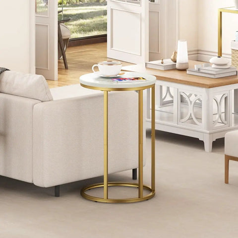 Marble Top C Shaped End Table With Gold Metal Frame beside sofa, small space accent table for living room.
