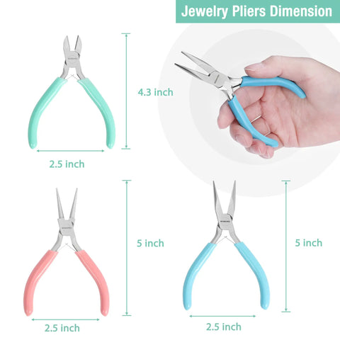 Jewelry Pliers Set 3 Pack With Mini Needle Nose Pliers, Chain Nose Pliers, Round Nose Pliers, And Wire Cutter dimensions and colors