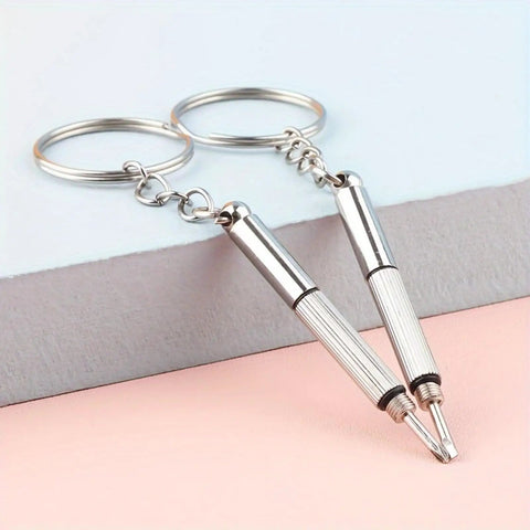 Compact 3-In-1 Glasses Repair Kit with Flat Head Phillips and Hex Bits on a Keyring, stainless steel, portable screwdrivers for eyewear.