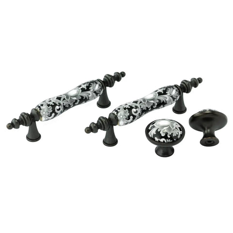 Six Pack 3 Inch Ceramic Drawer Knobs Black And White Rustic Style Drawer Pulls with 3 Inch Hole Centers, 5 Inch Total Length