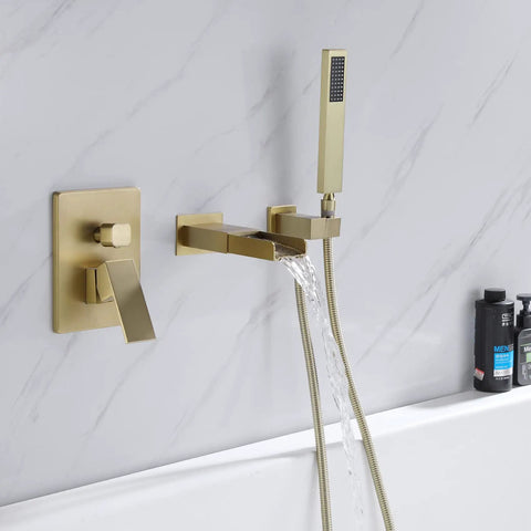 Brushed Gold Wall Mount Tub Faucet With Handheld Sprayer And Hand Shower, Single-Handle Tub Filler, Sleek 3-Hole Contemporary Waterfall Design