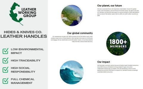 Leather Working Group infographic with environmental and social responsibility info from Hides & Knives Co. Leather Handles