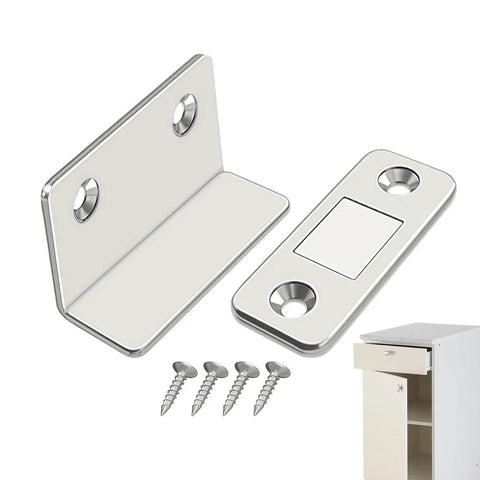 Ultra Thin Magnetic Door Catch With Adhesive Latch, No Drill Cabinet Lock with screws and cabinet example, 4.1x2.5x1.6cm