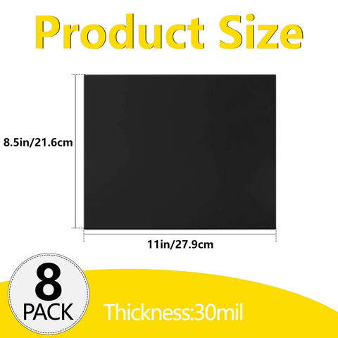 Product size overview of Non Adhesive Magnetic Sheets 8.5 By 11 Inch 30 Mil Thick 8 Pack Flexible Blank Magnet Sheets for craft use.