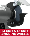 Close-up of Heavy Lifter 10 Inch Bench Grinder with dual 24 and 46 grit grinding wheels for metal buffing.