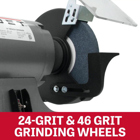 Close-up of Heavy Lifter 10 Inch Bench Grinder with dual 24 and 46 grit grinding wheels for metal buffing.