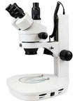 Trinocular Stereo Zoom Microscope 3.5X To 90X With Dual LED Illumination And 45 Degree Inclined Head, 360 Degree Rotating Ocular Tubes, Diopter Adjustment For Both Tubes, Long Life Cool LED Lighting With Adjustable Intensity. White lab microscope with base and dual eyepieces