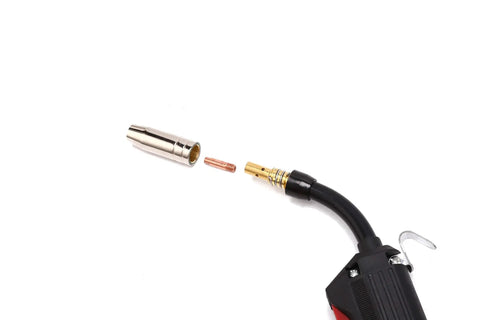 10 Foot MIG Weld Gun Torch Stinger Replacement For Chicago Electric MIG Welder 100A Pro Grade Durable Part With 0.6 To 0.8 mm Wire Size Fits 94164 97503 36691 151 220V Welders Easy Quick Install. Close-up of torch components.