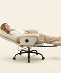 Person reclining on 2 In 1 Chaise Lounge Chair With Wheels For Cozy Lounging Leather Recliner With Extendable Footrest And 90 To 165 Degree Backrest Lumbar Support For Living Room Bedroom Home Office Or Study Beige White HC4