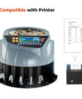 Thermal Printer For Mixed Denomination Money Counters, Plug In And Print Totals By Value And Quantity, Denomination Breakdown And Serial Numbers, Compatible With IMC01 IMC08 Banknote Counters, Fast Receipt Printing, showing printer and currency counter with printed receipt.