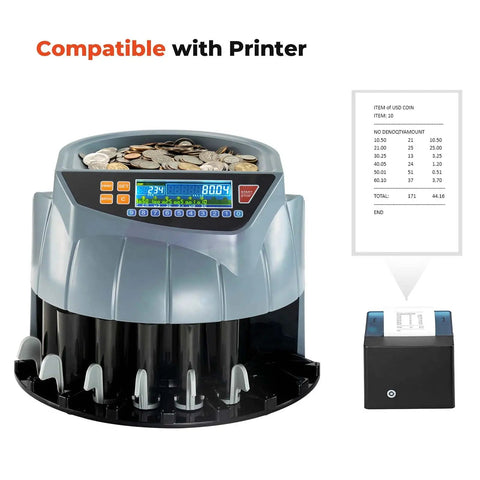 Thermal Printer For Mixed Denomination Money Counters, Plug In And Print Totals By Value And Quantity, Denomination Breakdown And Serial Numbers, Compatible With IMC01 IMC08 Banknote Counters, Fast Receipt Printing, showing printer and currency counter with printed receipt.