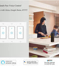 WiFi Light Switch 3 Gang With Touch Control Backlit Glass Panel in kitchen setup, compatible with Alexa, Google Home devices visible.