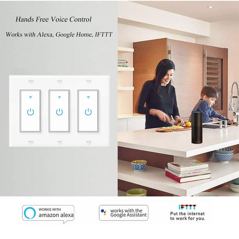 WiFi Light Switch 3 Gang With Touch Control Backlit Glass Panel in kitchen setup, compatible with Alexa, Google Home devices visible.