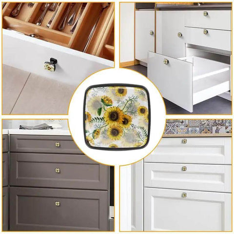 Slap These Four Pack Sunflower Cabinet Knobs Onto Your Dressers Or Kitchen Drawers For A Quick Remodel. Crafted From Durable Abs Glass With Matte Black Square Mounts That Bring Serious Cozy Vibes To Any Room. Display of sunflower cabinet knobs on white and gray kitchen drawers.