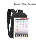 Compact 10L Tactical Daypack With MOLLE System compared to A4 size iPad, showcasing size and design, lightweight black gear bag for hiking.