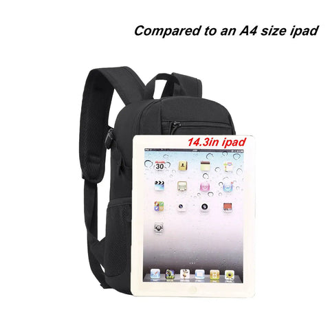 Compact 10L Tactical Daypack With MOLLE System compared to A4 size iPad, showcasing size and design, lightweight black gear bag for hiking.