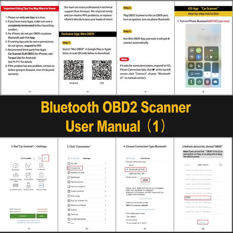 OBD2 Bluetooth Diagnostic Scanner for iPhone and Android Real Time Vehicle Health Check Clear Error Codes User Manual Page 1