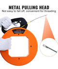 100 Foot Fiberglass Fish Tape 1/6 Inch Flexible Wire Puller for Electrical Conduit showing metal pulling head detail.
