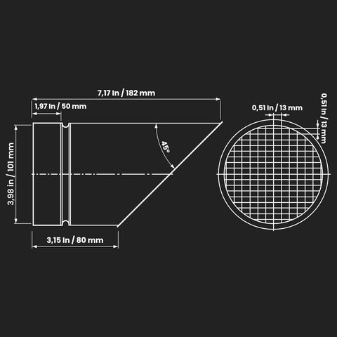Technical drawing of 4 Inch Heavy Duty Workhorse Galvanized Steel Duct End Cap With Mesh, showing dimensions and mesh detail.
