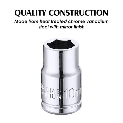 Ten Piece One Quarter Inch And Three Eighths Inch Drive Deep And Shallow Metric Sockets Set In CR V Steel With Mirror Finish Six Point