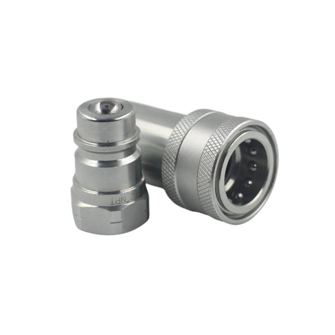 Hydraulic quick-connect coupling set, 1/2 in NPT ISO5675, Pioneer type, silver metal with dust cap.