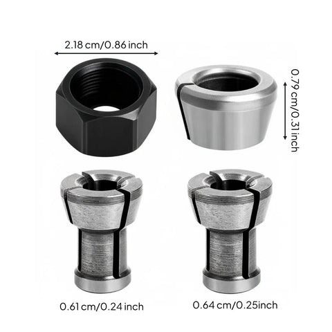 Collet Nut And Collet Chuck Set M17 Tool Holding Clamp For Precise Routing And Cutting Beefy Heavy Duty Ultra Consistent Hold For Shop Use And Fabrication Floors, 4pc set, 2.18 cm and 0.79 cm parts