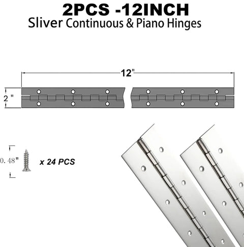 2 Pack Heavy Duty 12 Inch Piano Hinges With Holes Polished 304 Stainless Steel Durable Marine Grade Hardware and 24 Screws