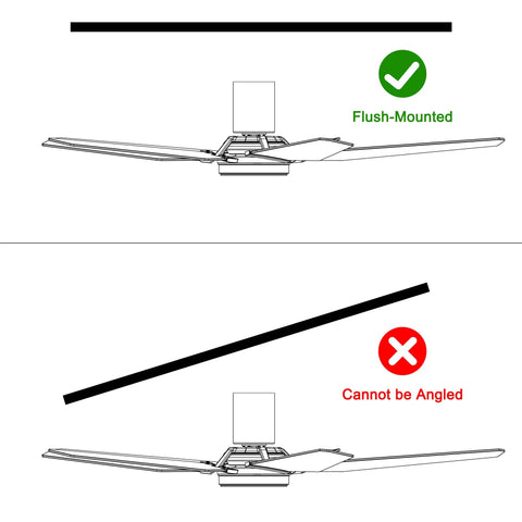 Diagram showing 52 Inch Black Ceiling Fan With Lights For Indoor And Outdoor Use flush-mounted and non-angled installation.
