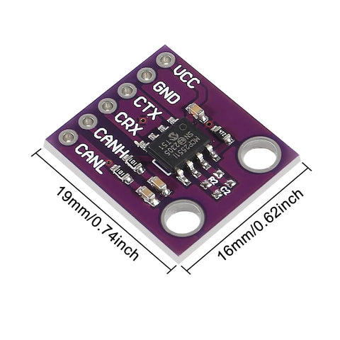 High Speed CAN Bus Interface Module With MCP2551 Transceiver, showing dimensions, ISO 11898 compliant, for 24V systems.