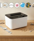 Hassle Free 45KHz Ultrasonic Jewelry Cleaner With Six Time Modes on wooden table, cleaning rings, eyeglasses, and watch straps.