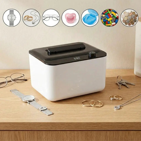 Hassle Free 45KHz Ultrasonic Jewelry Cleaner With Six Time Modes on wooden table, cleaning rings, eyeglasses, and watch straps.