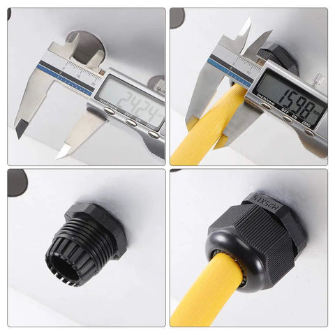 Close-up of PG7 Cable Gland 2mm To 5mm Waterproof Nylon Joint With Locknut in use with digital caliper measuring tool, showcasing installation.