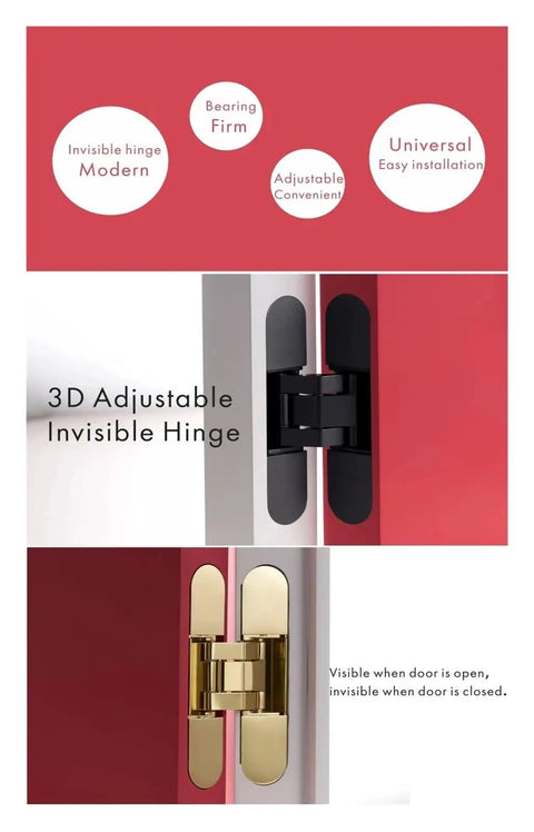 Invisible Zinc Alloy Butt Hinge With Adjustable Bearing For Concealed Door Fitting, shown in black and gold finishes.